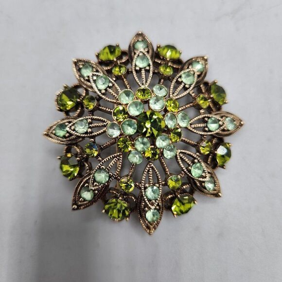 Vintage Goldtone Green Rhinestone Sunburst Brooch 2 Inch - Picture 1 of 4